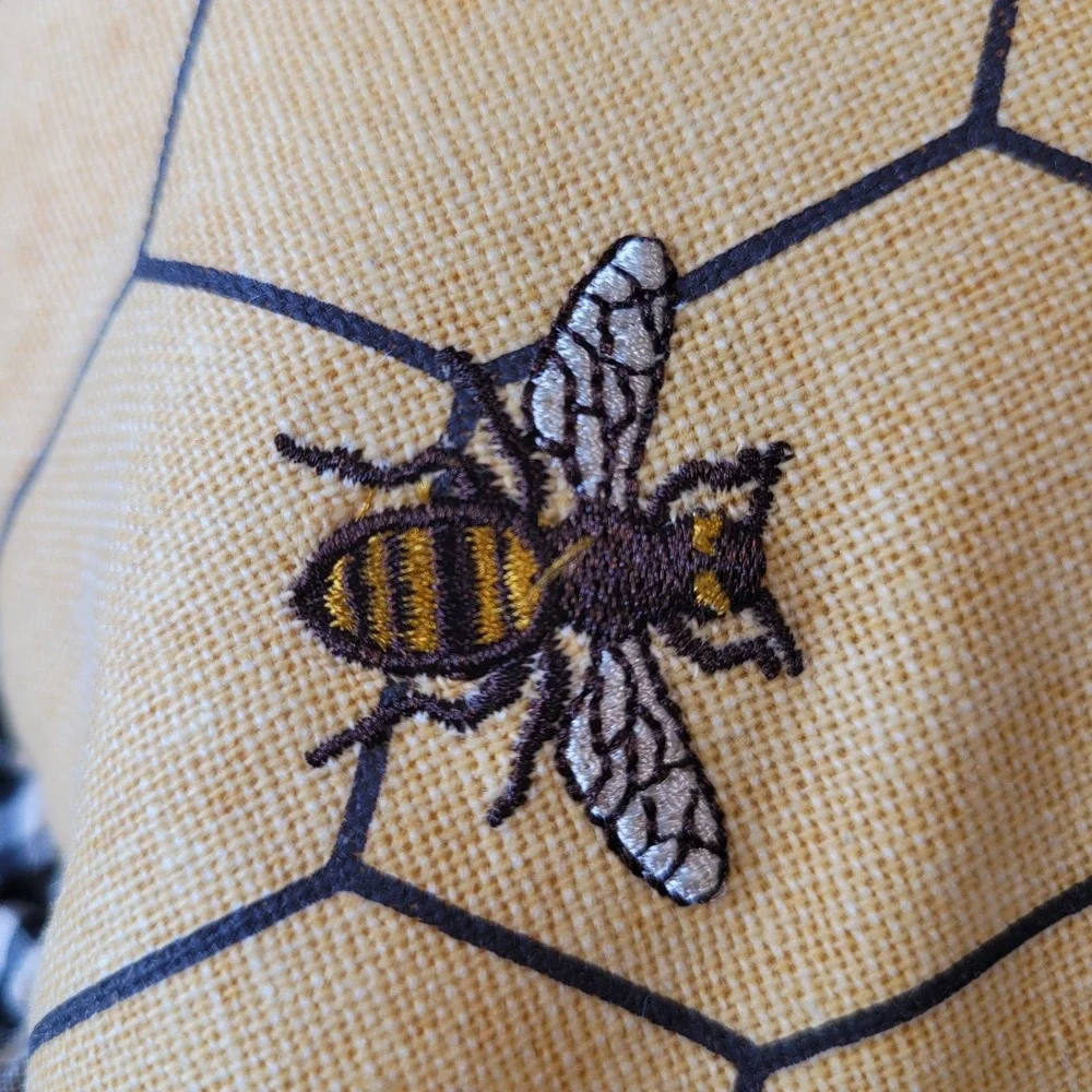 Farmhouse Embroidered Bee Honeycomb Lumbar Throw Pillow Black Gingham Ruffle